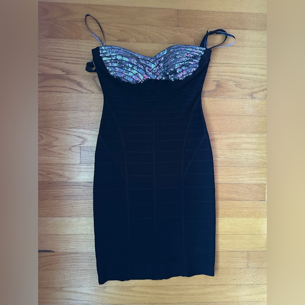 Herve Leger Black Mini Dress with Multicolor Sequin Bust